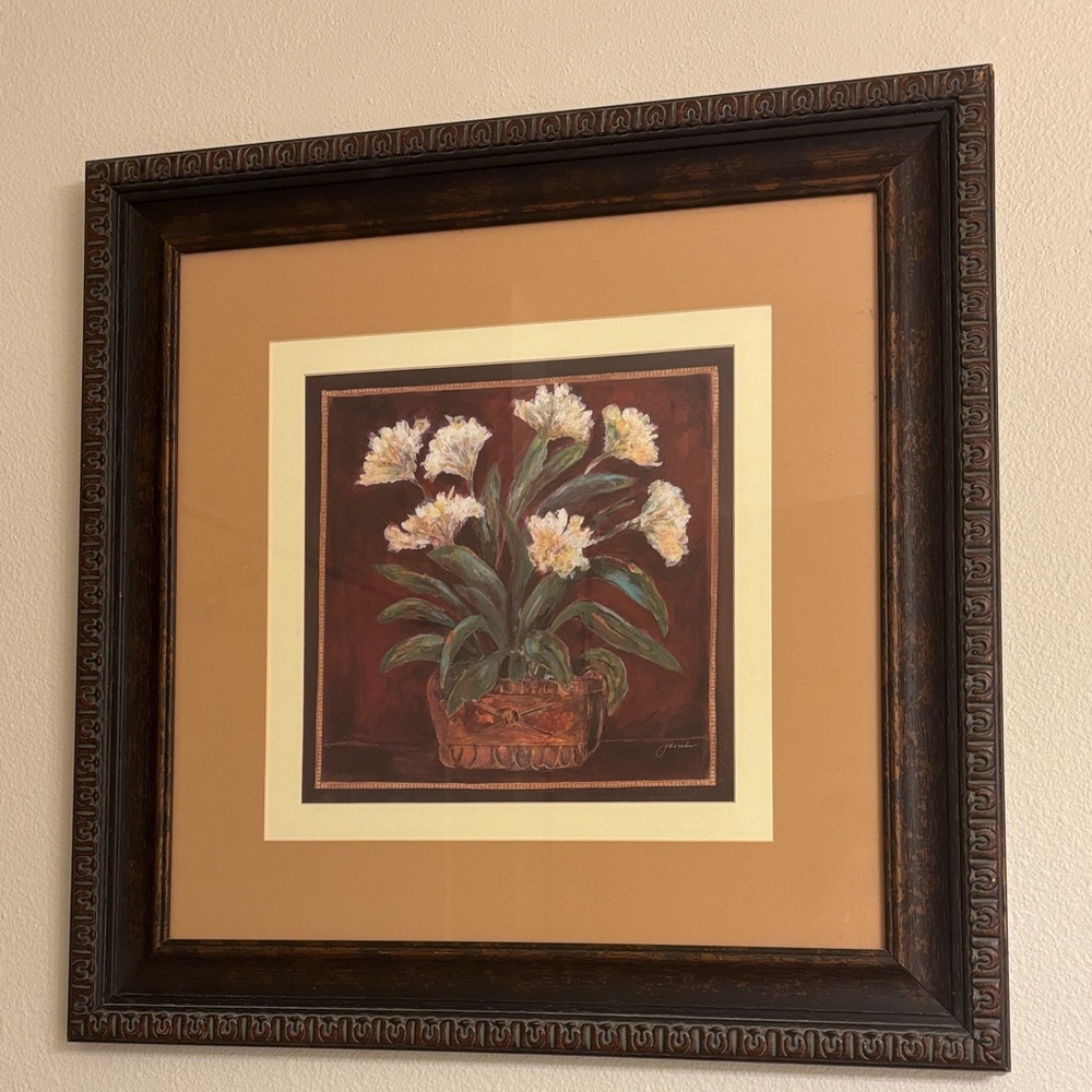Wooden Framed and Double Matted Floral Painting by Artist Joyce Combs, Signed